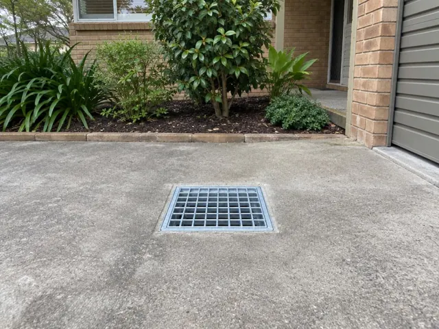Square outdoor drain grate set in a concrete driveway beside garden beds and a brick house in Beacon Hill
