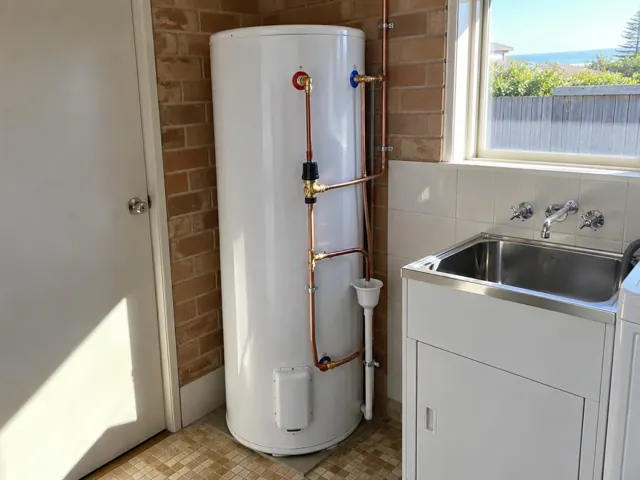 Hot water cylinder beside a laundry sink and brick wall in a tiled utility room in Collaroy